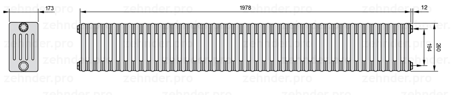 Схема (чертеж) Радиатор Zehnder Charleston 5026/43 №7610 Белый глянцевый RAL 9016